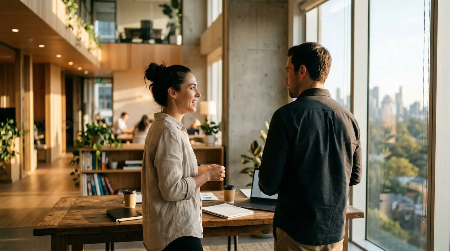 Deux personnes vues de profil en discussion dans un espace lumineux et moderne aux grandes fenêtres