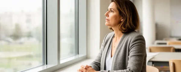 Femme adulte pensive dans un centre de formation linguistique parisien