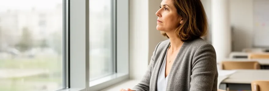 Femme adulte pensive dans un centre de formation linguistique parisien