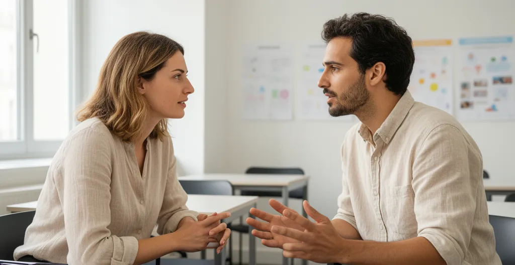 Formateur anglophone en discussion avec un apprenant adulte dans un centre parisien