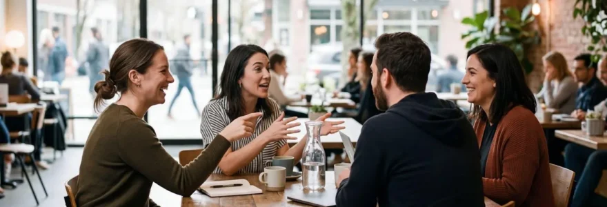 Trois adultes en discussion animée autour d'une table dans un café lumineux parisien