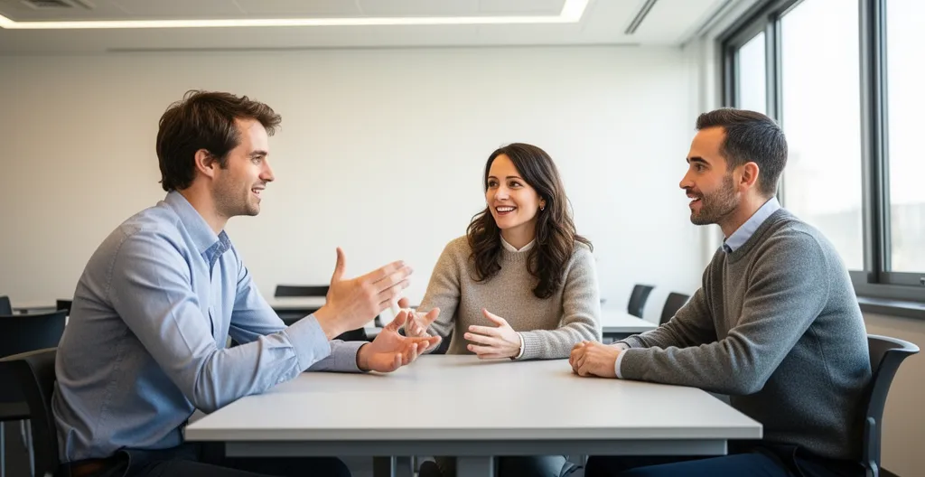Petit groupe d'adultes en conversation anglaise dans un centre de formation parisien