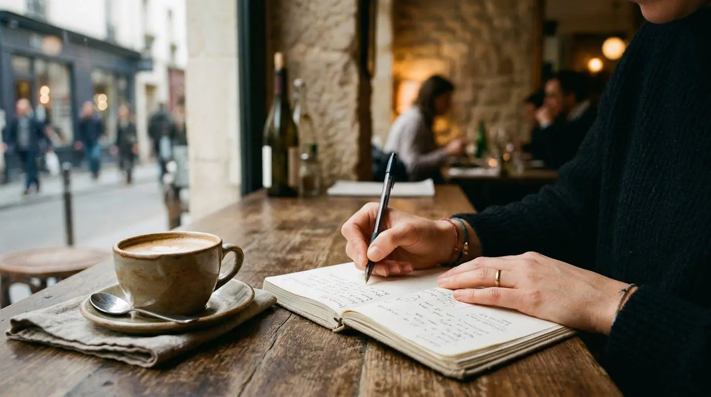 Mains tenant un carnet ouvert avec quelques notes manuscrites, une tasse de café posée à côté sur une table en bois