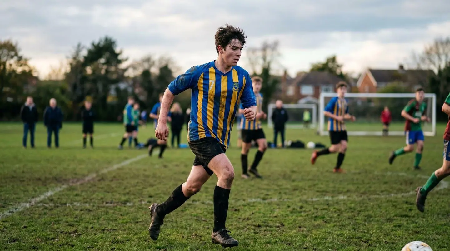 Adolescent en tenue de sport sur un terrain de football d'école britannique avec des camarades en arrière-plan
