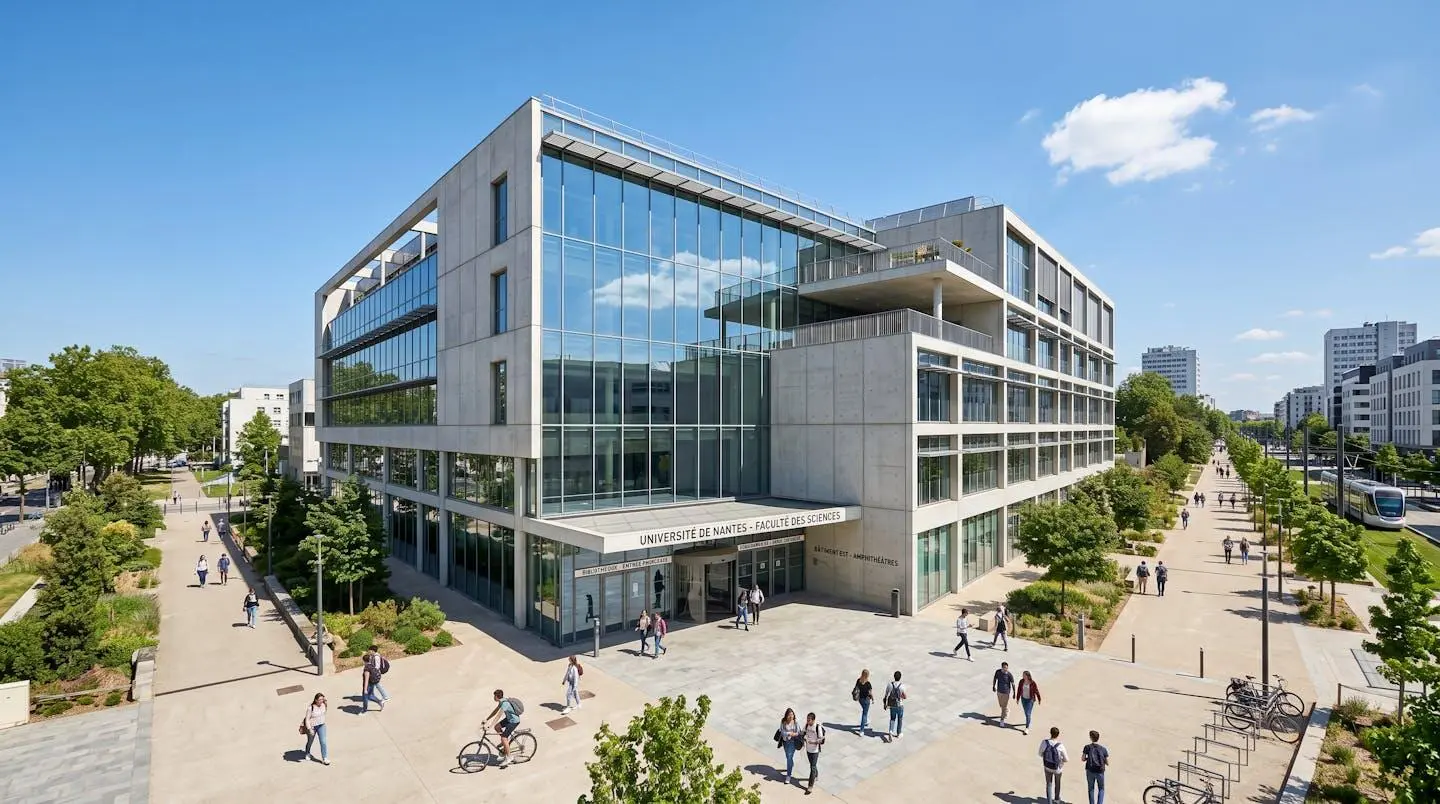 Vue extérieure d'un bâtiment de campus contemporain en verre et béton sous un ciel dégagé dans un quartier urbain français