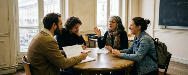 Trois adultes discutent de manière animée avec leur professeur autour d'une table ronde dans une salle de cours lumineuse