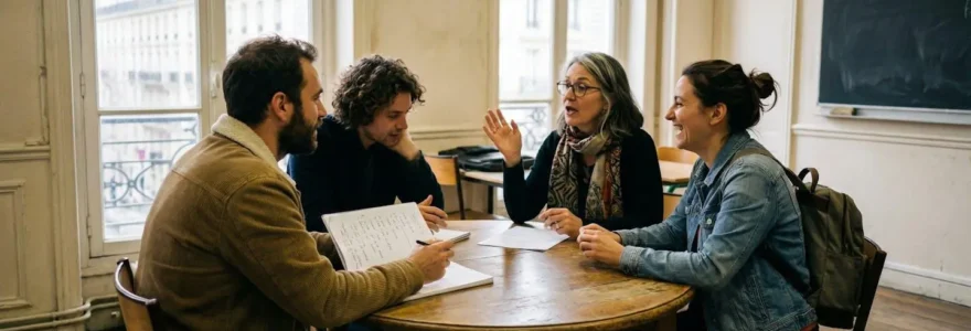 Trois adultes discutent de manière animée avec leur professeur autour d'une table ronde dans une salle de cours lumineuse