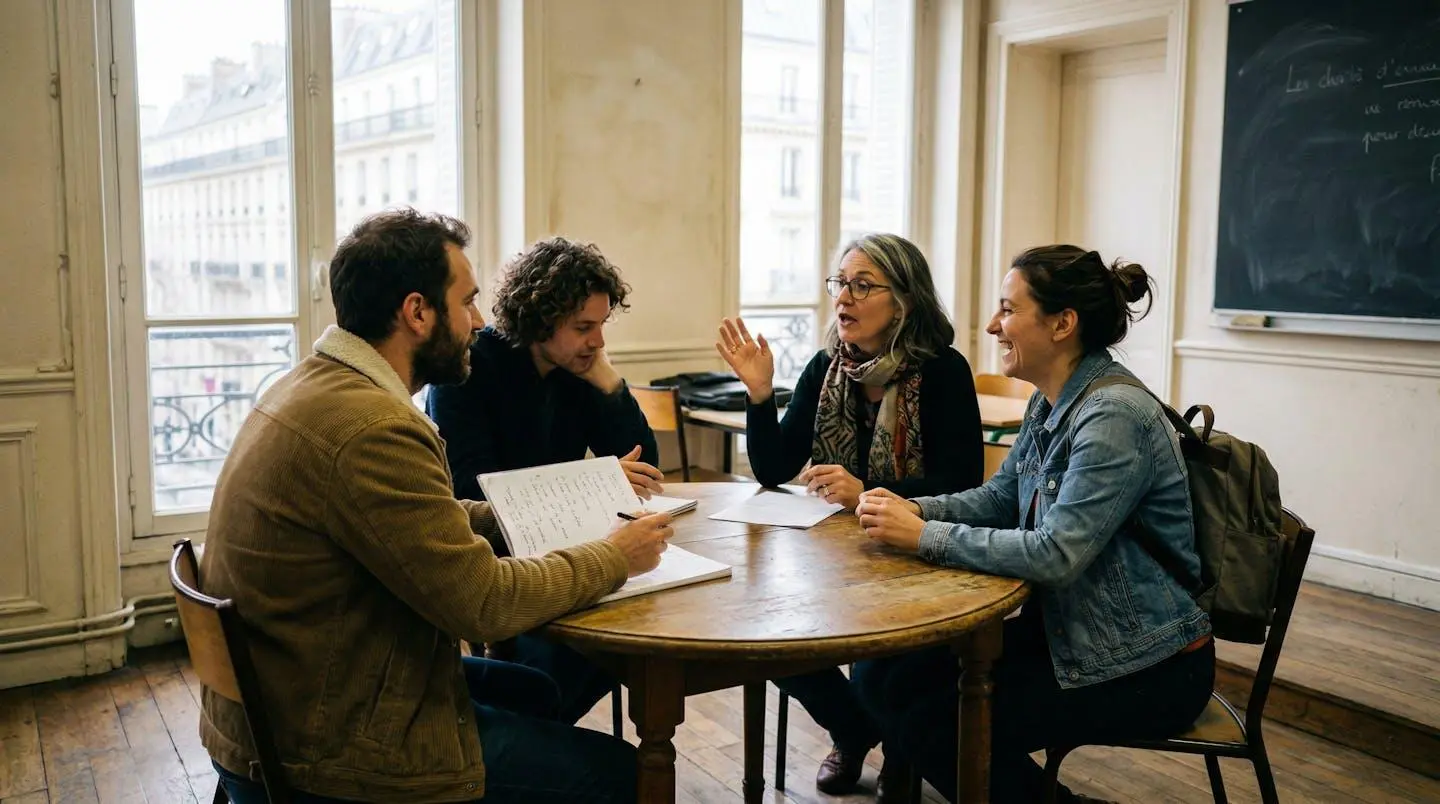 Trois adultes discutent de manière animée avec leur professeur autour d'une table ronde dans une salle de cours lumineuse