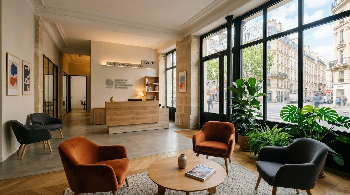 Hall d'accueil lumineux d'un centre de formation avec fauteuils contemporains et plantes vertes près de grandes fenêtres