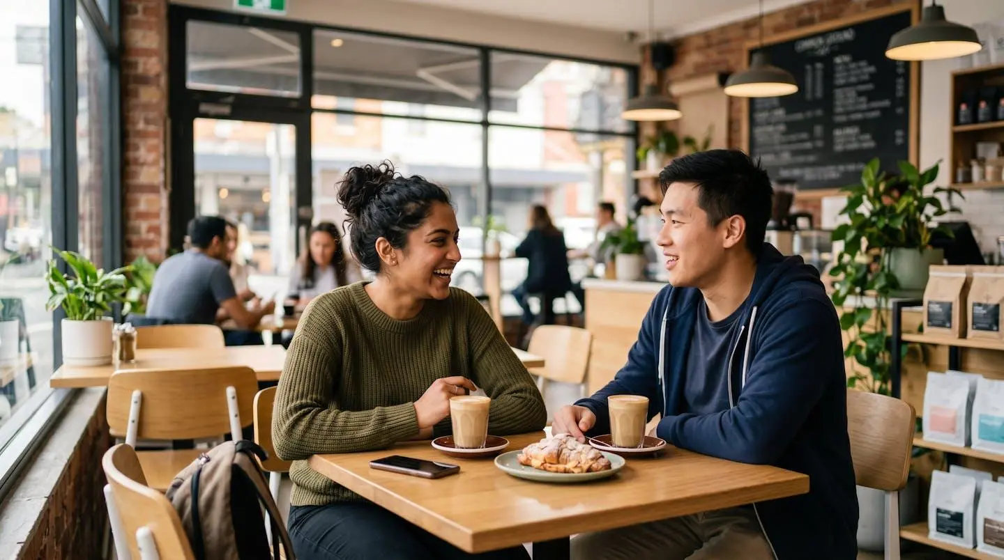 Deux étudiants de profil en conversation décontractée dans un café moderne australien avec lumière naturelle douce