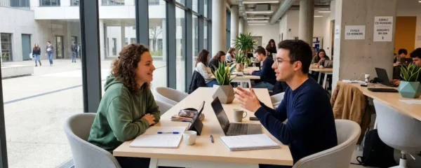 Deux étudiants vus de profil échangent naturellement dans un espace de co-working lumineux d'un campus contemporain