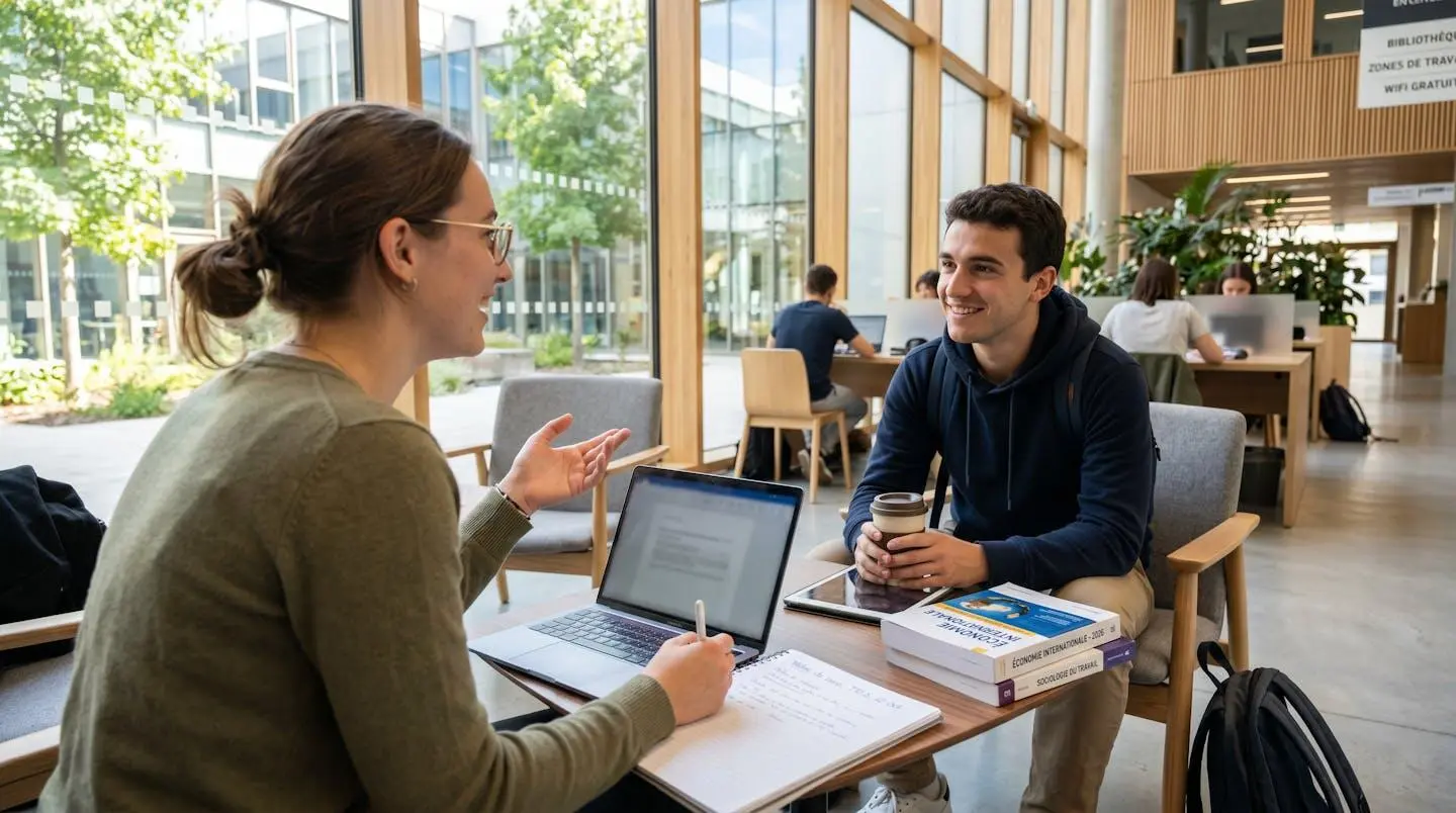 Deux étudiants vus de profil échangent naturellement dans un espace de co-working lumineux d'un campus contemporain