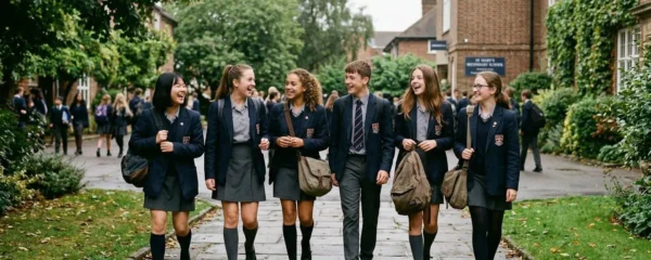 Groupe d'adolescents en uniforme scolaire marchant et discutant dans une cour d'école verdoyante sous un ciel légèrement nuageux