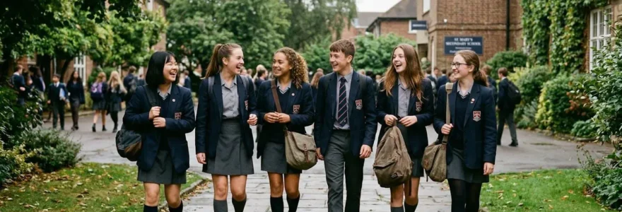 Groupe d'adolescents en uniforme scolaire marchant et discutant dans une cour d'école verdoyante sous un ciel légèrement nuageux