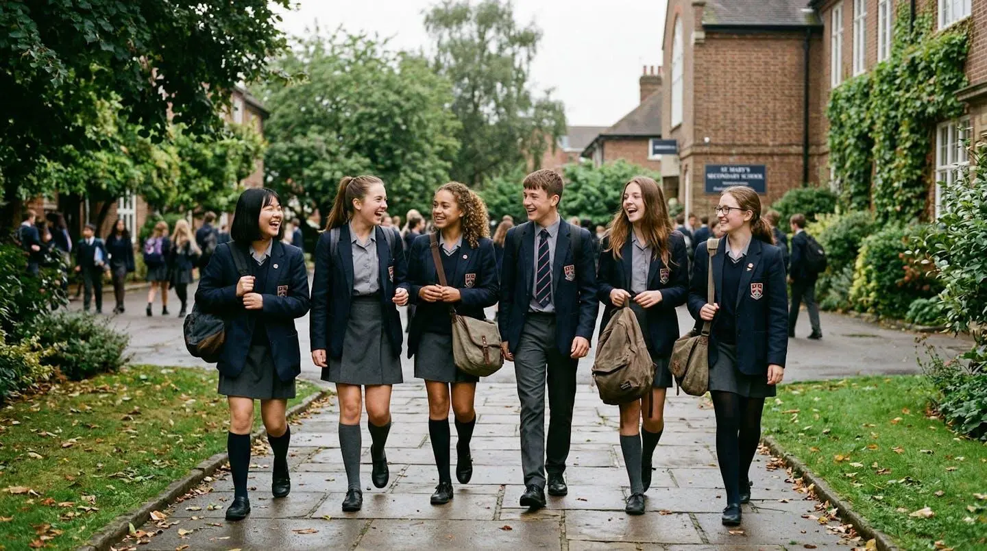 Groupe d'adolescents en uniforme scolaire marchant et discutant dans une cour d'école verdoyante sous un ciel légèrement nuageux