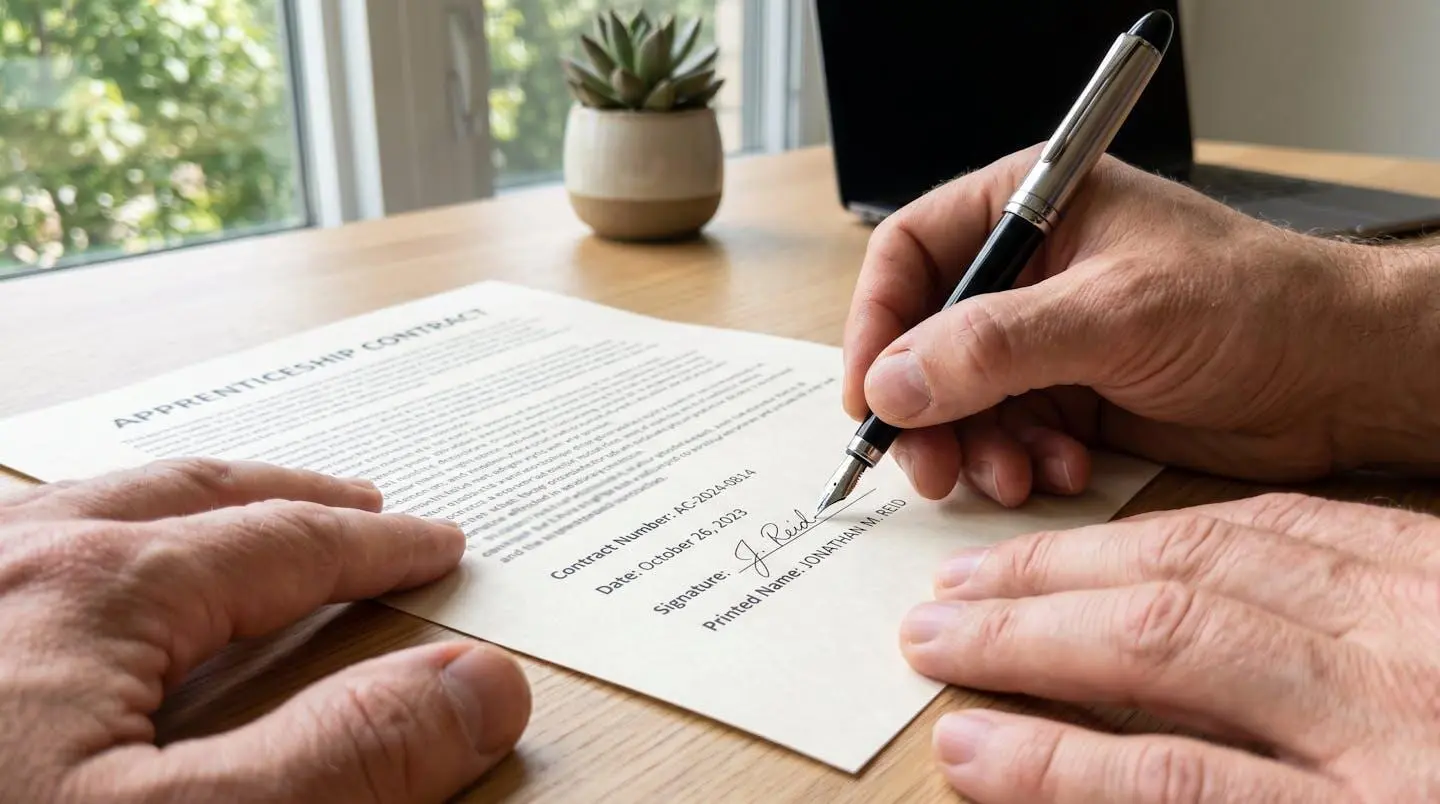 Gros plan sur des mains d'étudiant signant un document de contrat sur un bureau moderne avec un stylo, arrière-plan artistiquement flouté