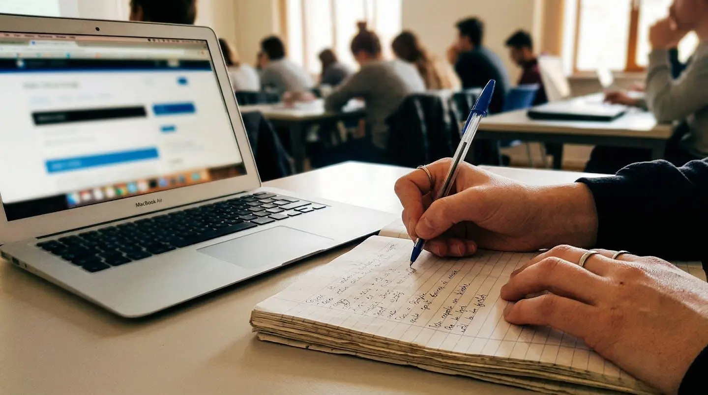 Mains d'un élève prenant des notes sur un cahier avec un ordinateur portable ouvert à côté dans une salle de classe moderne