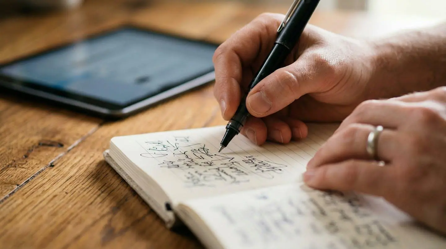 Gros plan sur des mains tenant un stylo au-dessus d'un cahier ouvert avec une tablette floue en arrière-plan sur une table en bois
