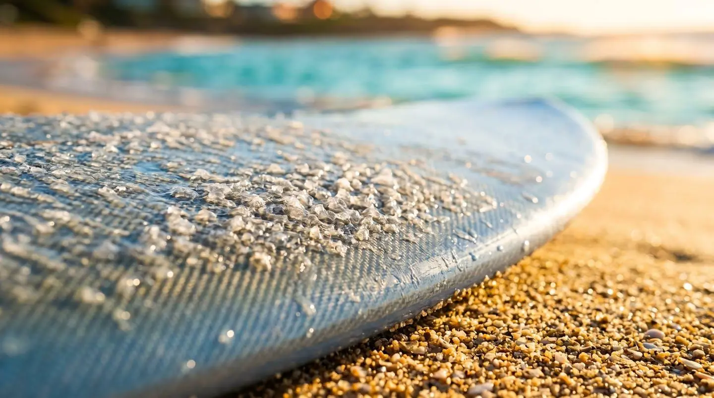 Gros plan détaillé d'une planche de surf colorée posée sur du sable doré avec texture de fibres de verre visible, océan turquoise flouté en arrière-plan