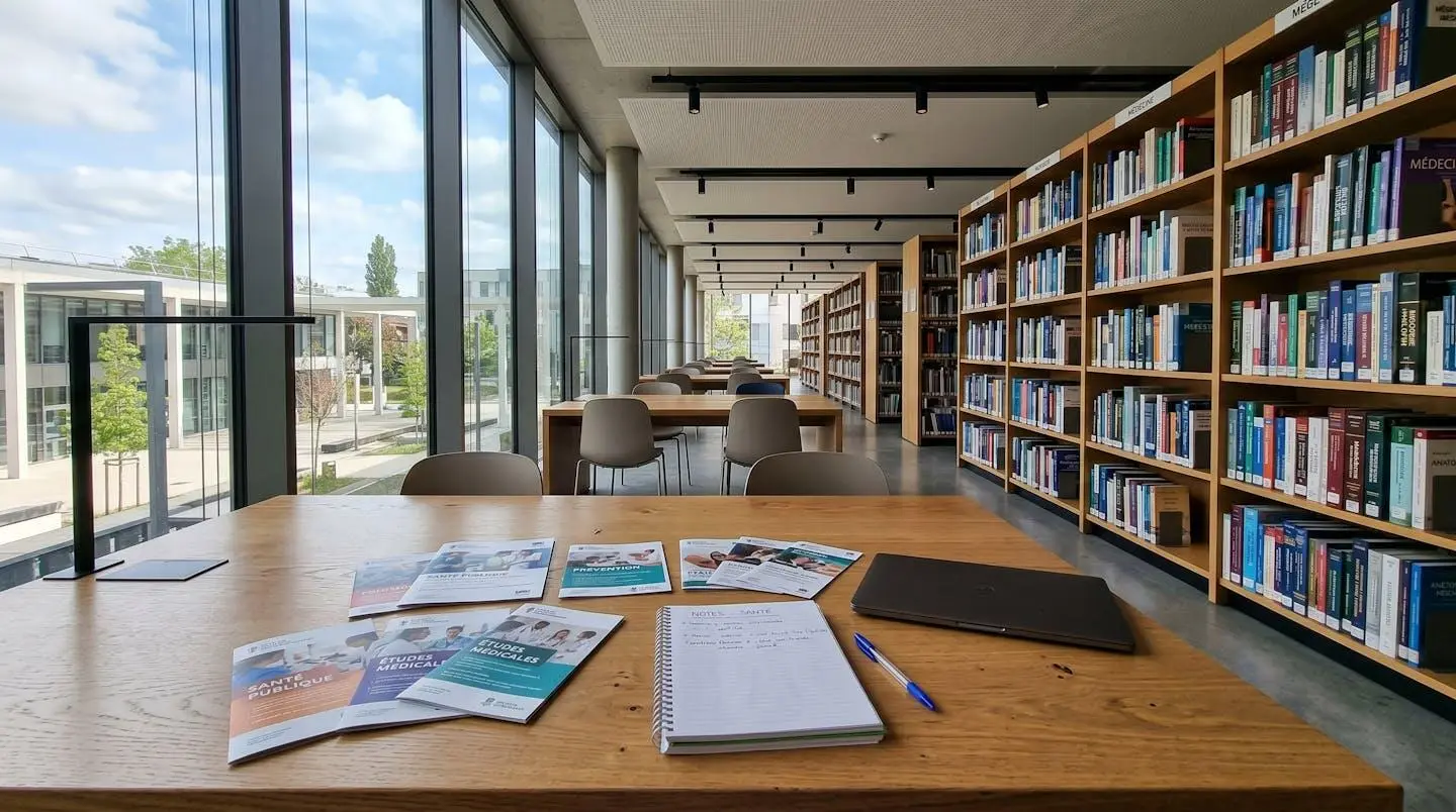 Espace d'étude vide dans bibliothèque universitaire moderne, bureau avec brochures orientation santé, étagères de manuels médicaux en arrière-plan