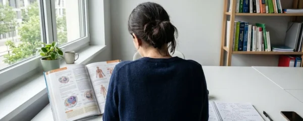 Étudiant de dos révisant un manuel d'anatomie détaillé sur un bureau lumineux, avec cahier de notes de biologie ouvert