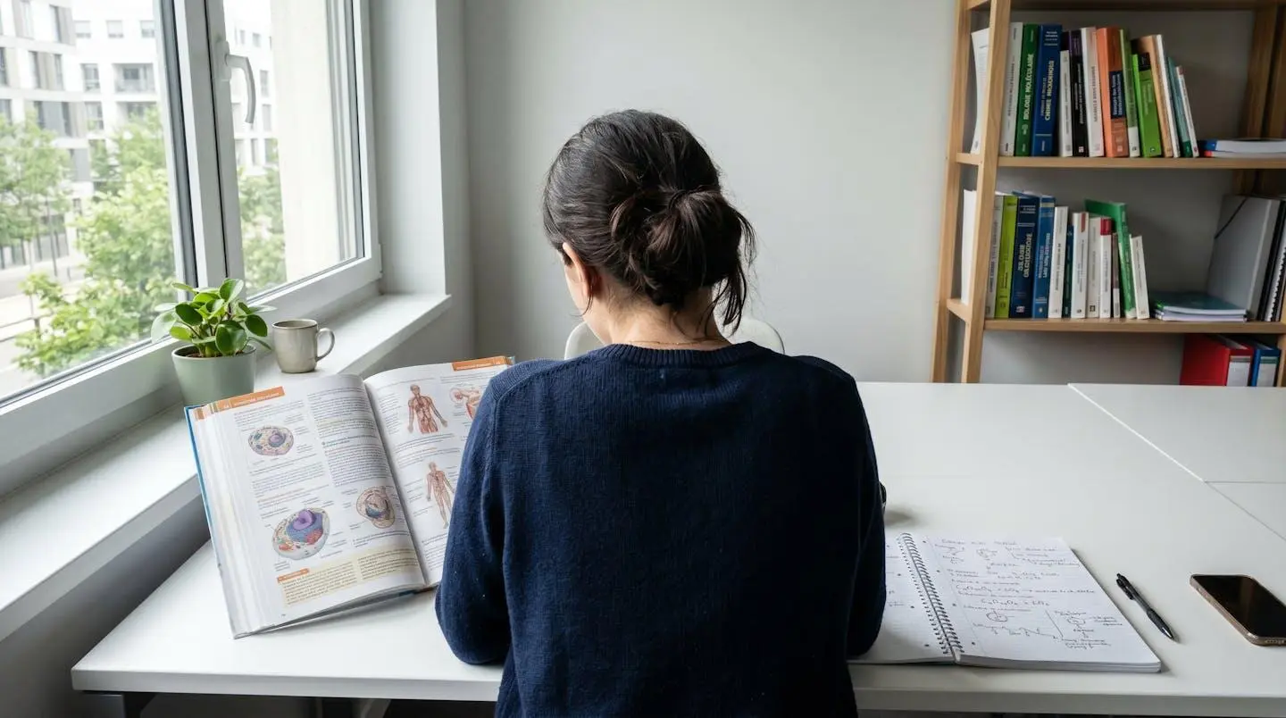 Étudiant de dos révisant un manuel d'anatomie détaillé sur un bureau lumineux, avec cahier de notes de biologie ouvert