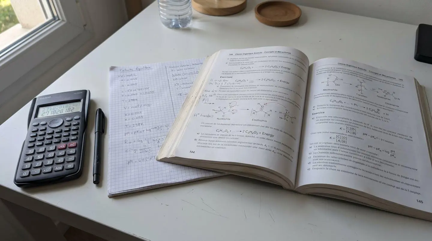 Gros plan sur manuel de chimie ouvert montrant diagrammes moléculaires complexes, calculatrice scientifique et notes manuscrites d'équations